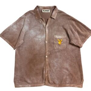 Playboy by PacSun Mens Brown Acid Wash cove Knit Camp Shirt Polo Large